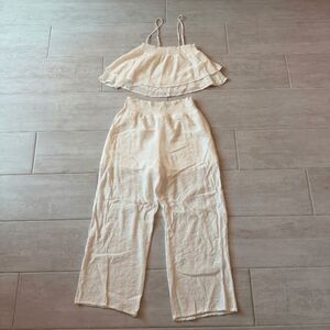 Paper Crane Matching Set Tiered Ruffle Top Flowy Pants Smocked Waist Small White